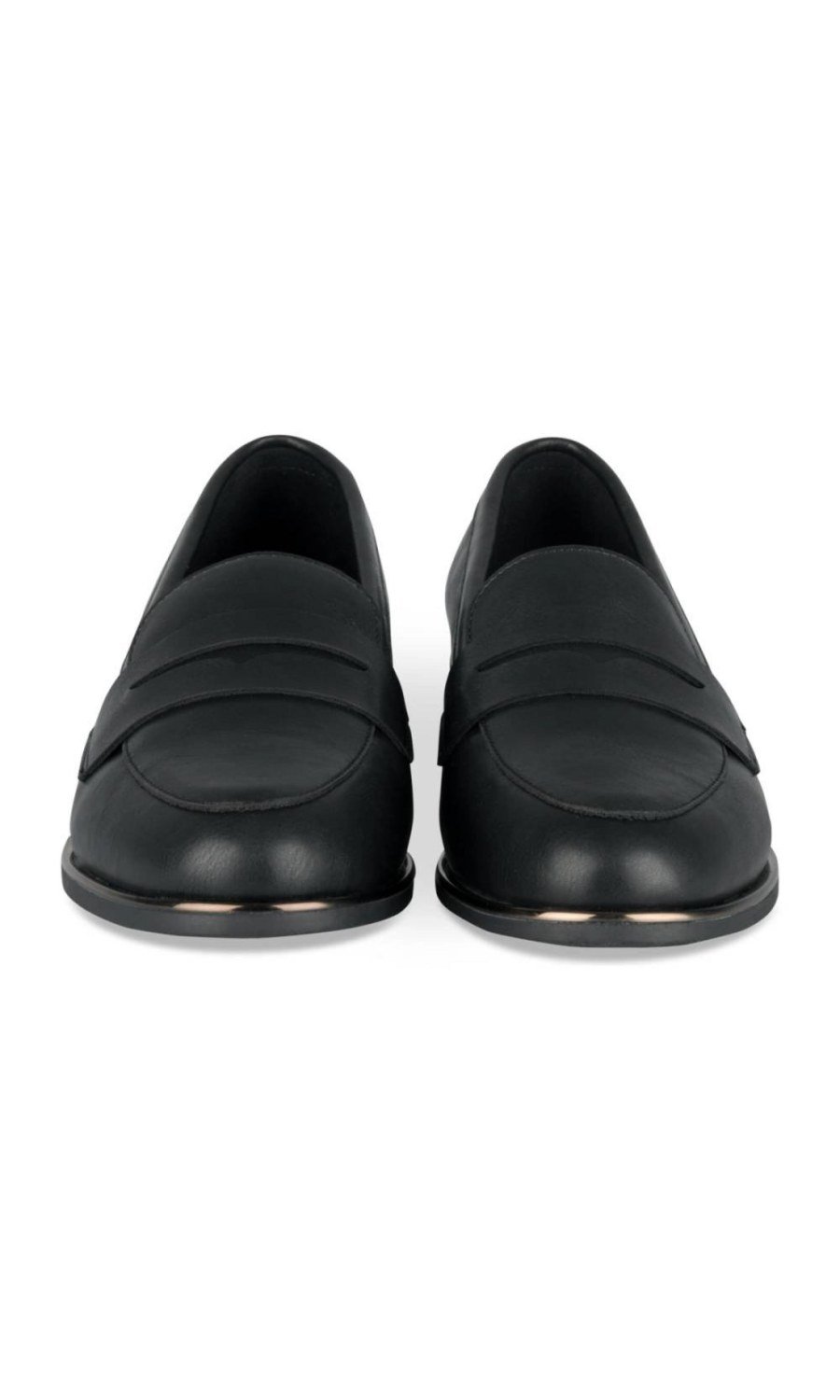Black penny loafers with gold trim