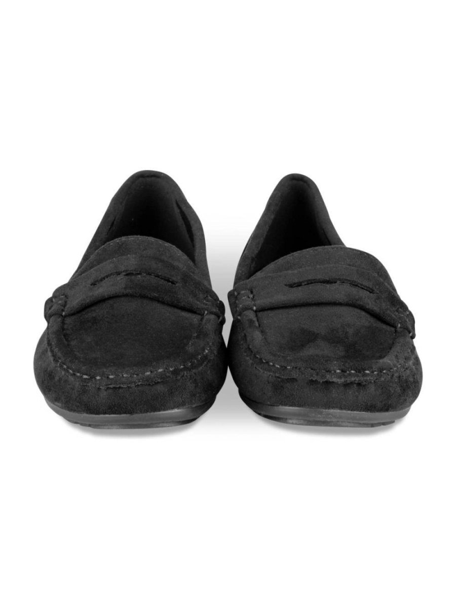 Black faux suede loafers with strap