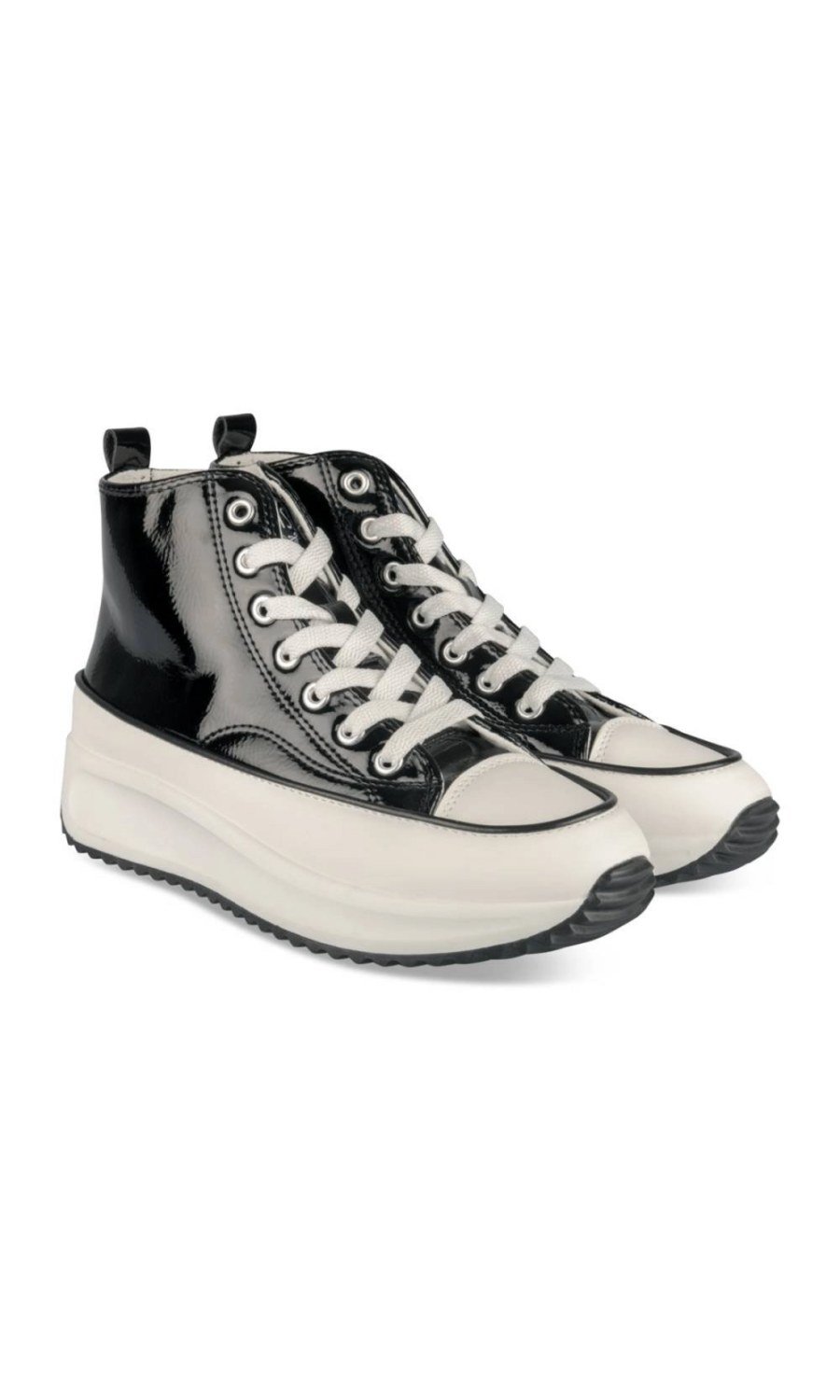 Black patent-look high-top platform sneakers