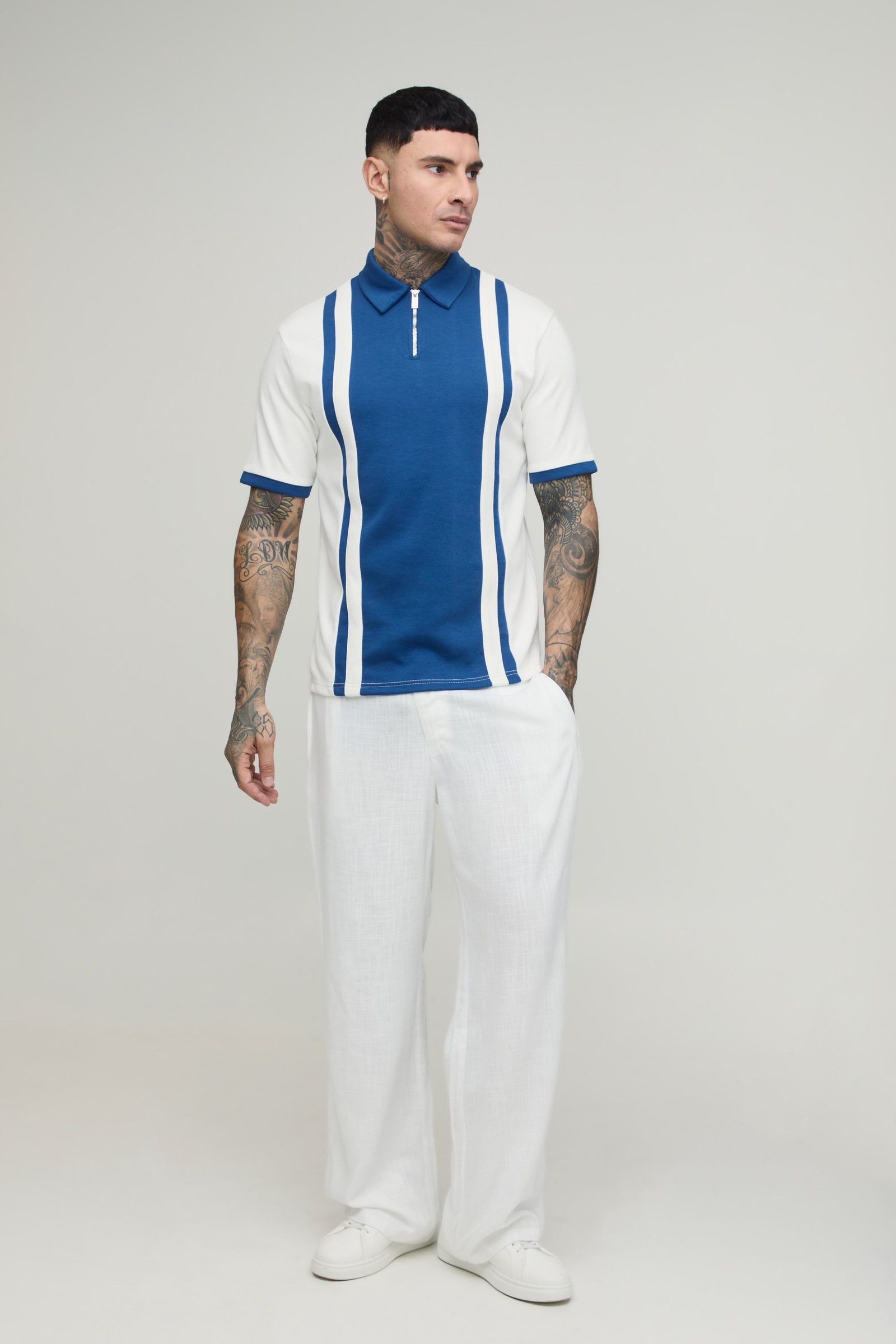 Polo interlock col zippé à empiècements - Tall