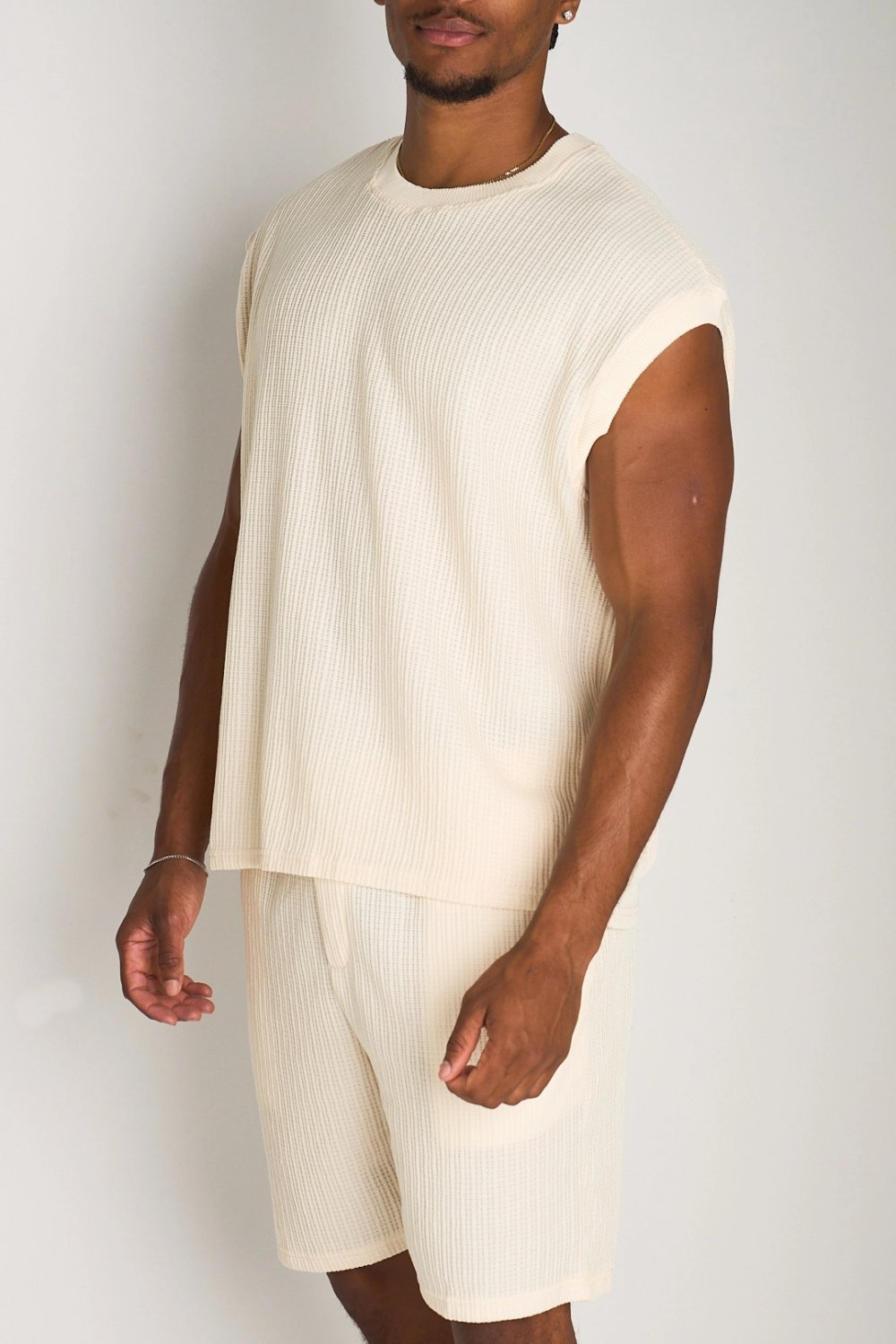 Beige knit tank top and shorts set