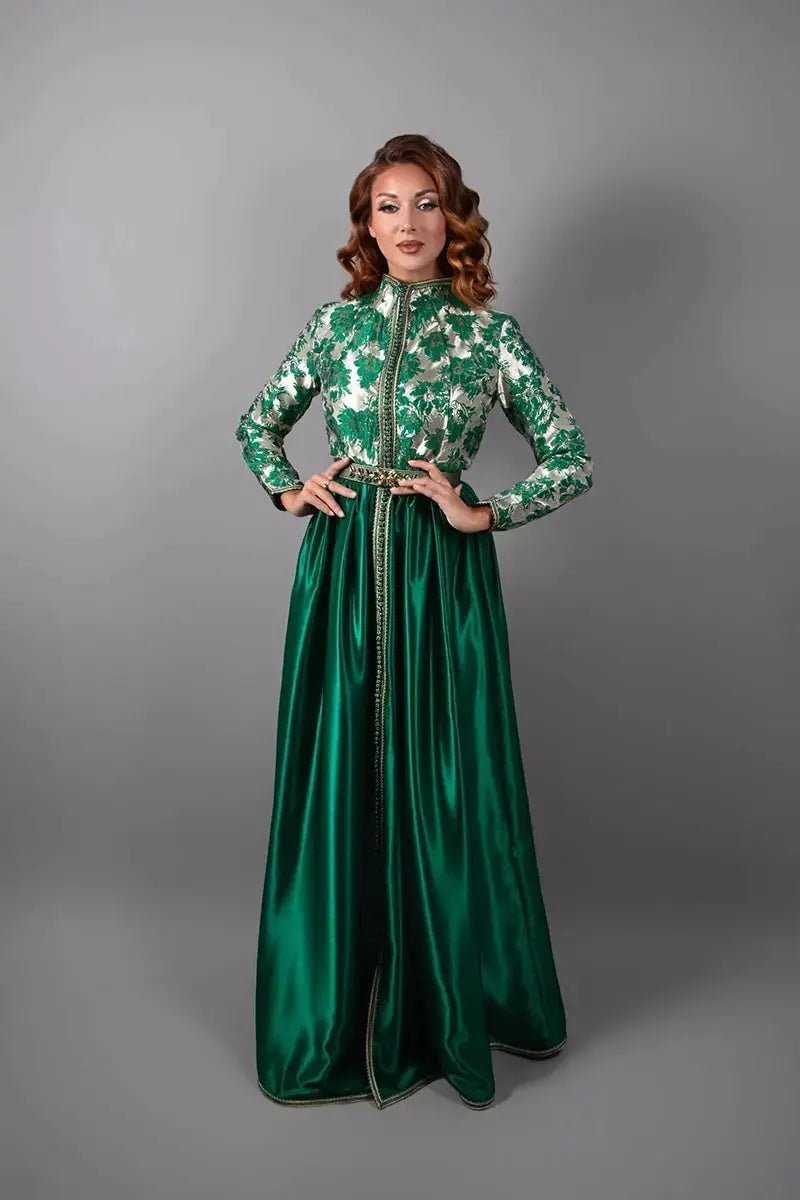 Gold brocade and pine green satin kaftan
