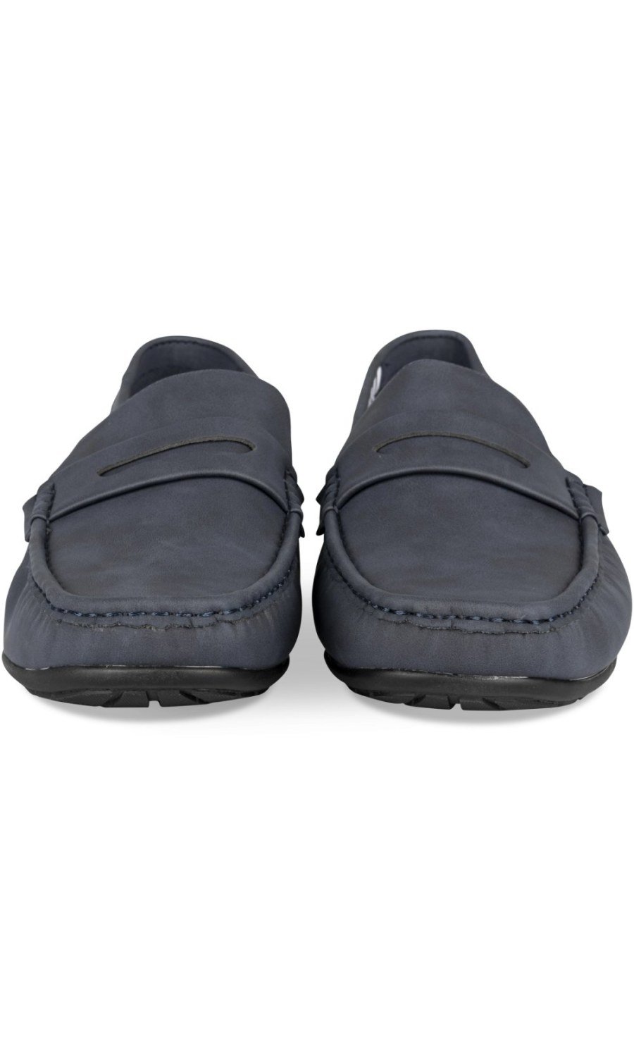 Navy penny loafers, striped lining