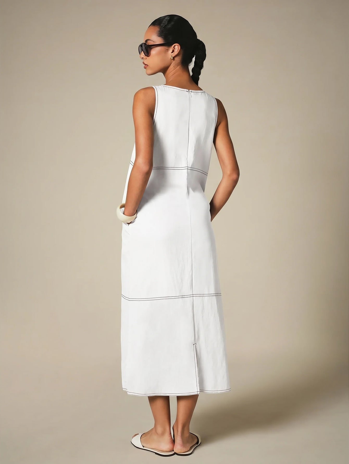 Sleeveless contrast-stitch midi dress with pockets