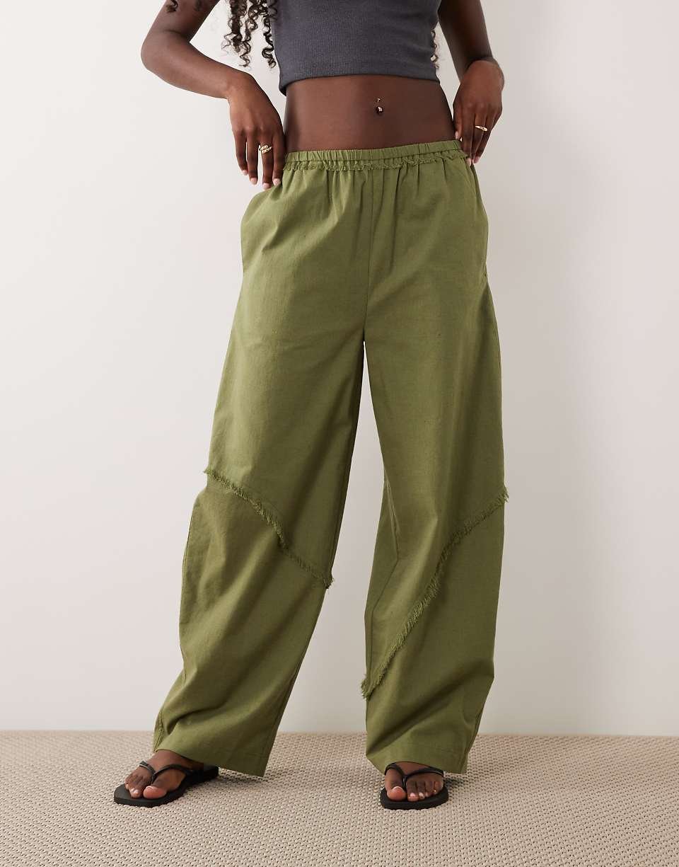 Pantalon bouffant en lin mélangé à enfiler avec coutures brutes - Kaki
