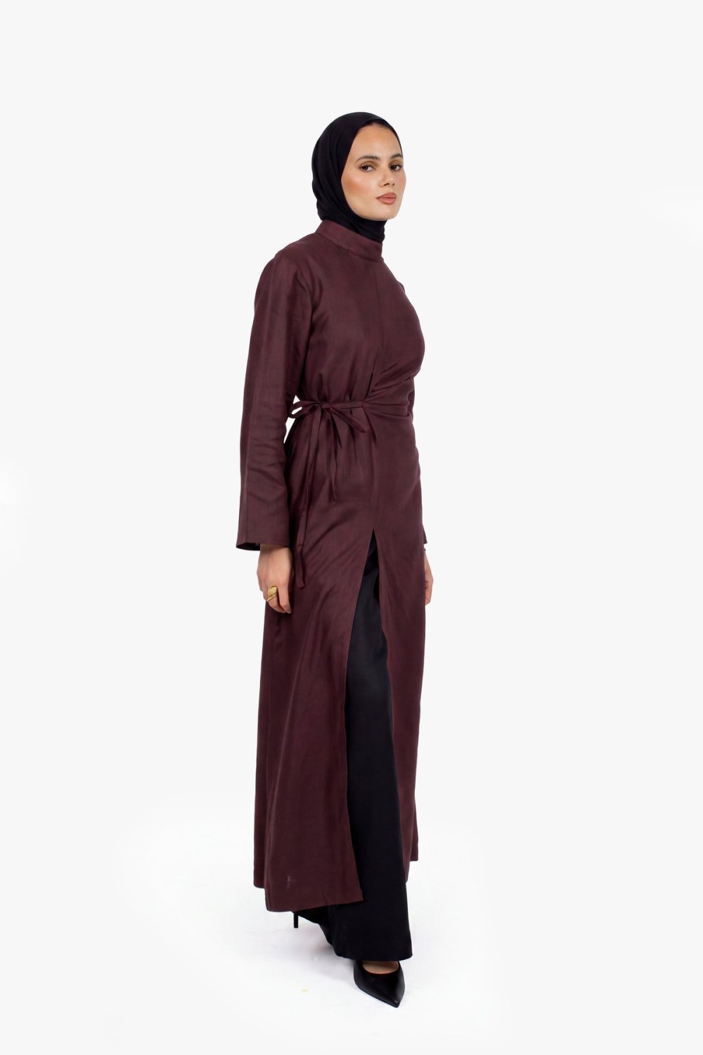 Robe longue fendue en lin et coton - Chocolat