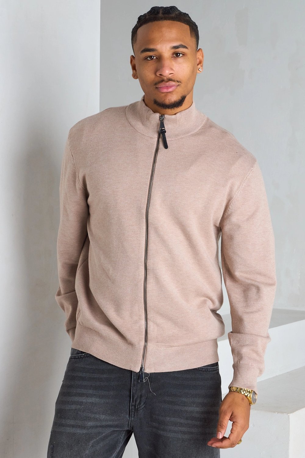 Beige crew neck jacket with two-way zip