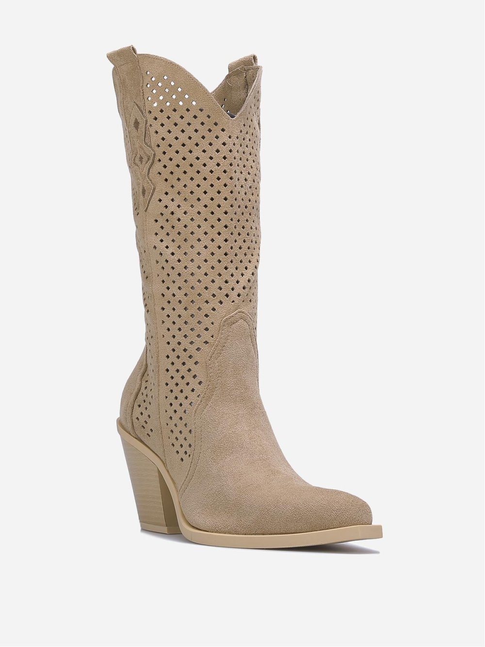 Taupe high-heel cut-out cowboy boots