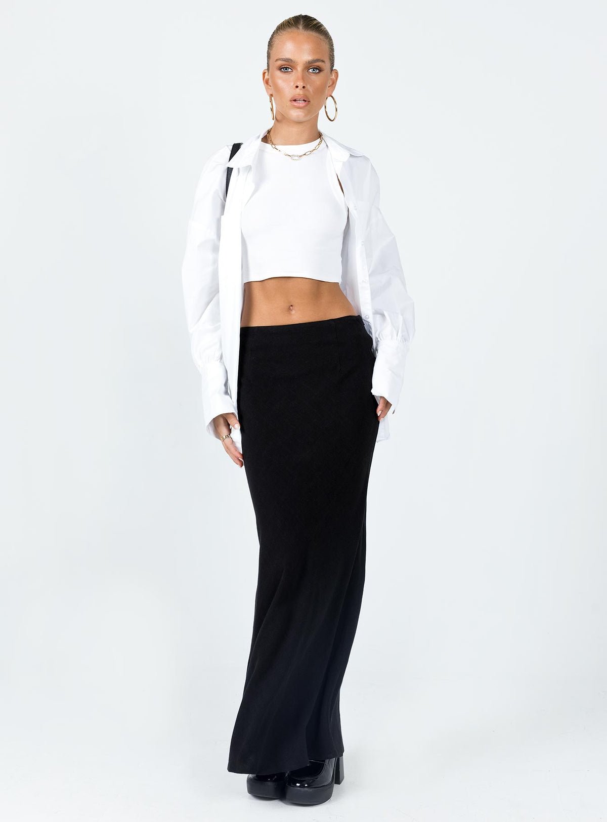 Low-rise linen blend maxi skirt