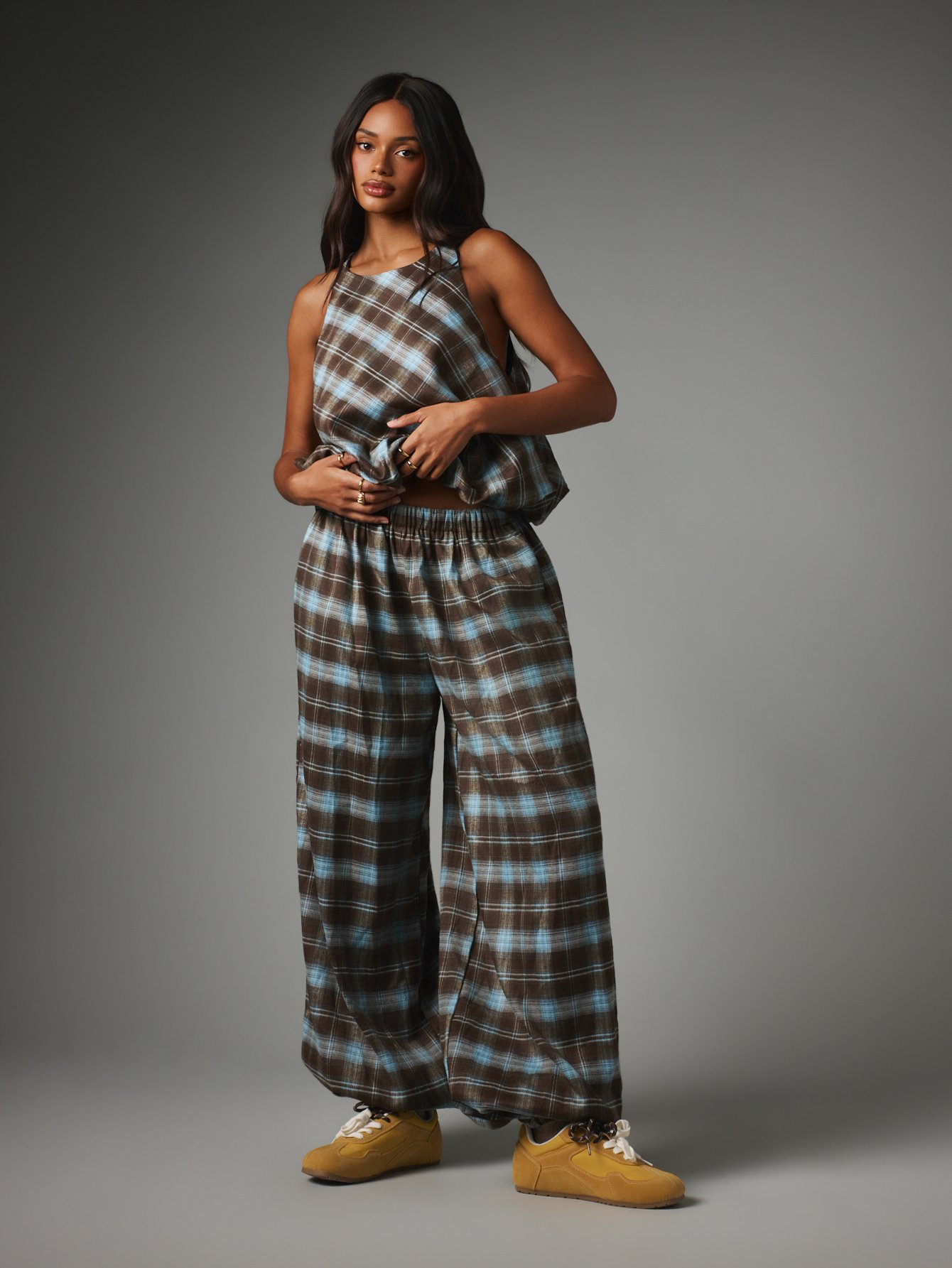 Pantalon Bouffant À Carreaux Écossais Avec Taille Élastiquée