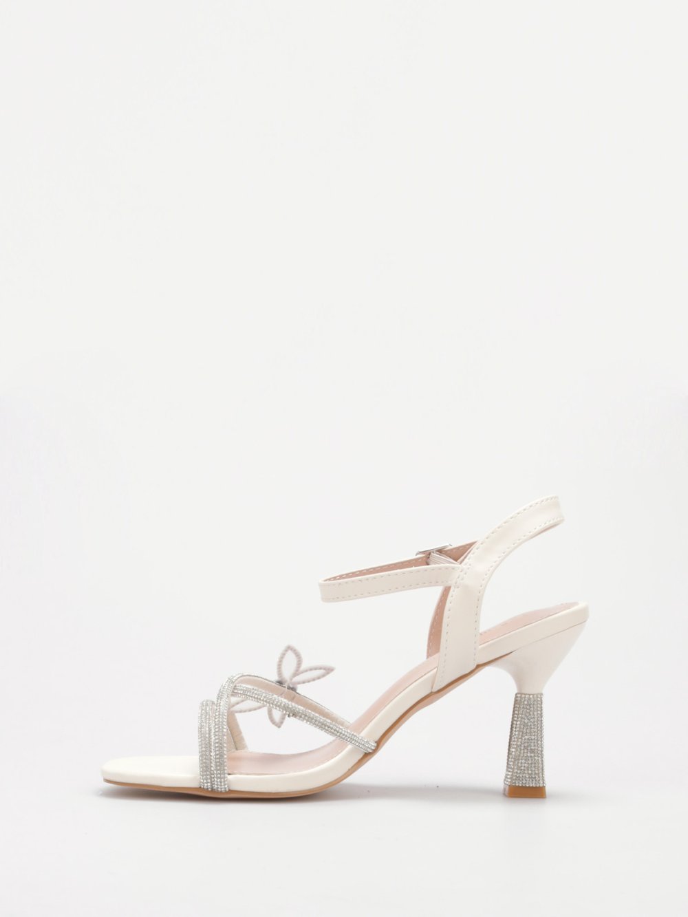 Beige rhinestone butterfly stiletto sandals