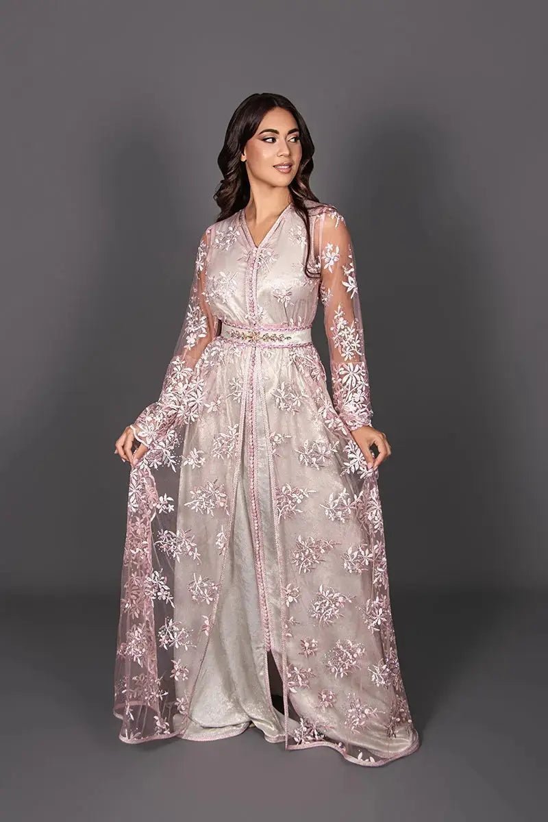 Pink lace takchita over silver lamé