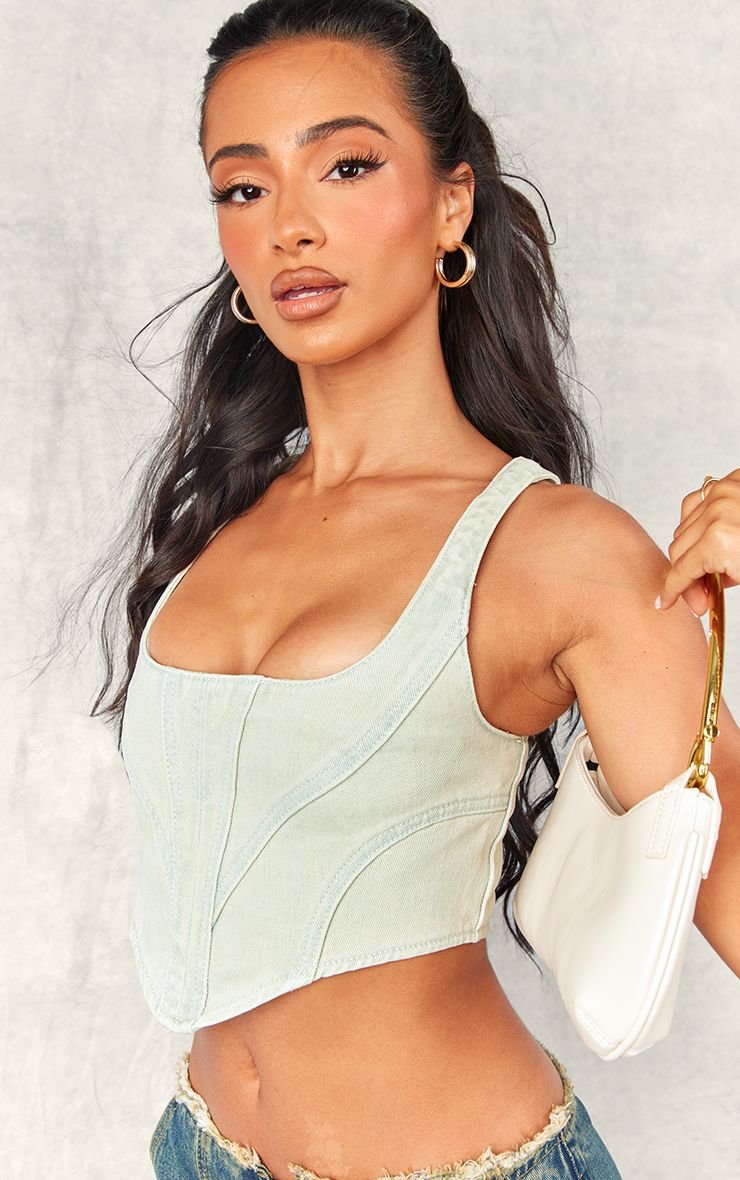 Bleach wash denim seam detail corset - Petite