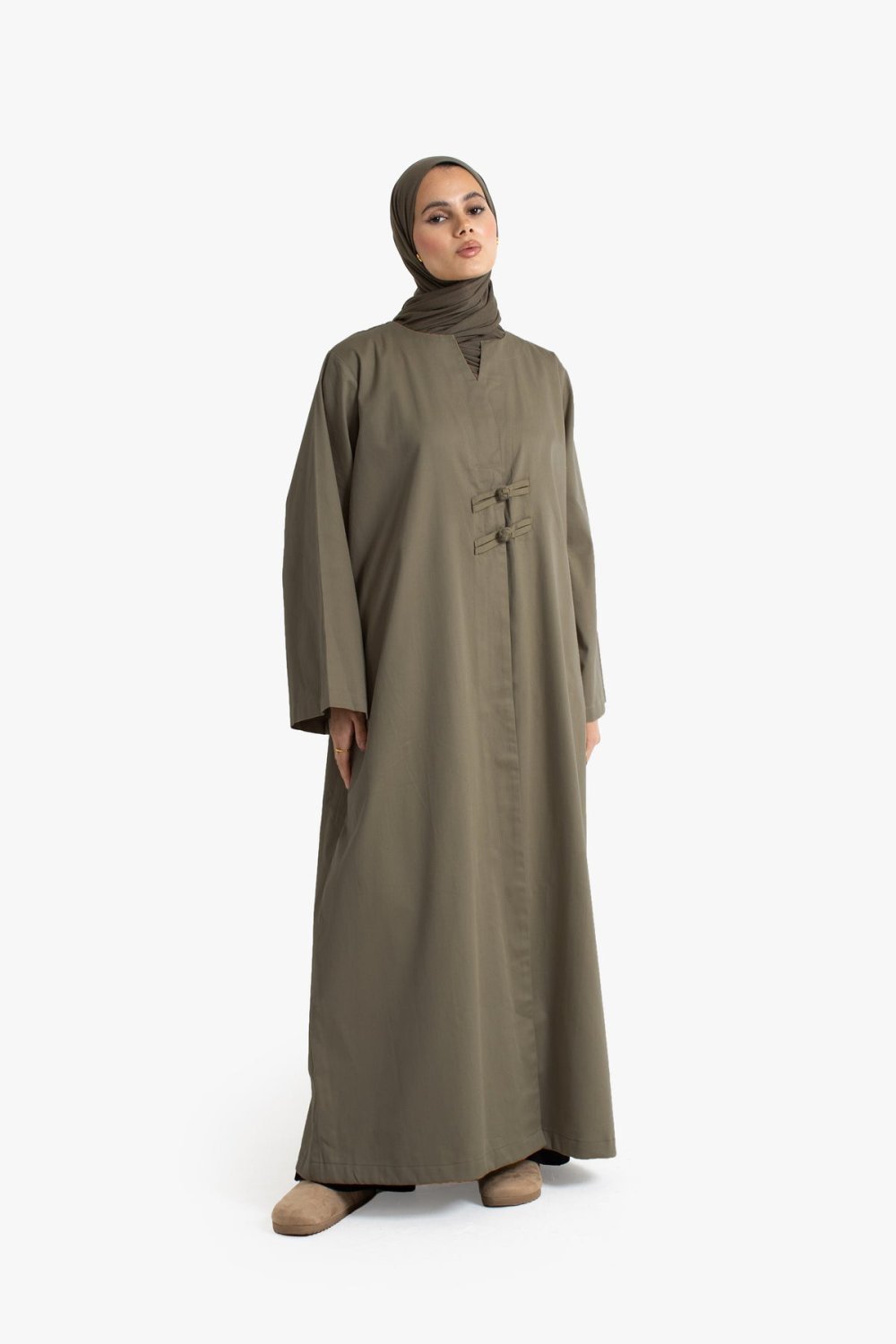 Abaya m7loula b l3a9ad, coton - Khder kaki