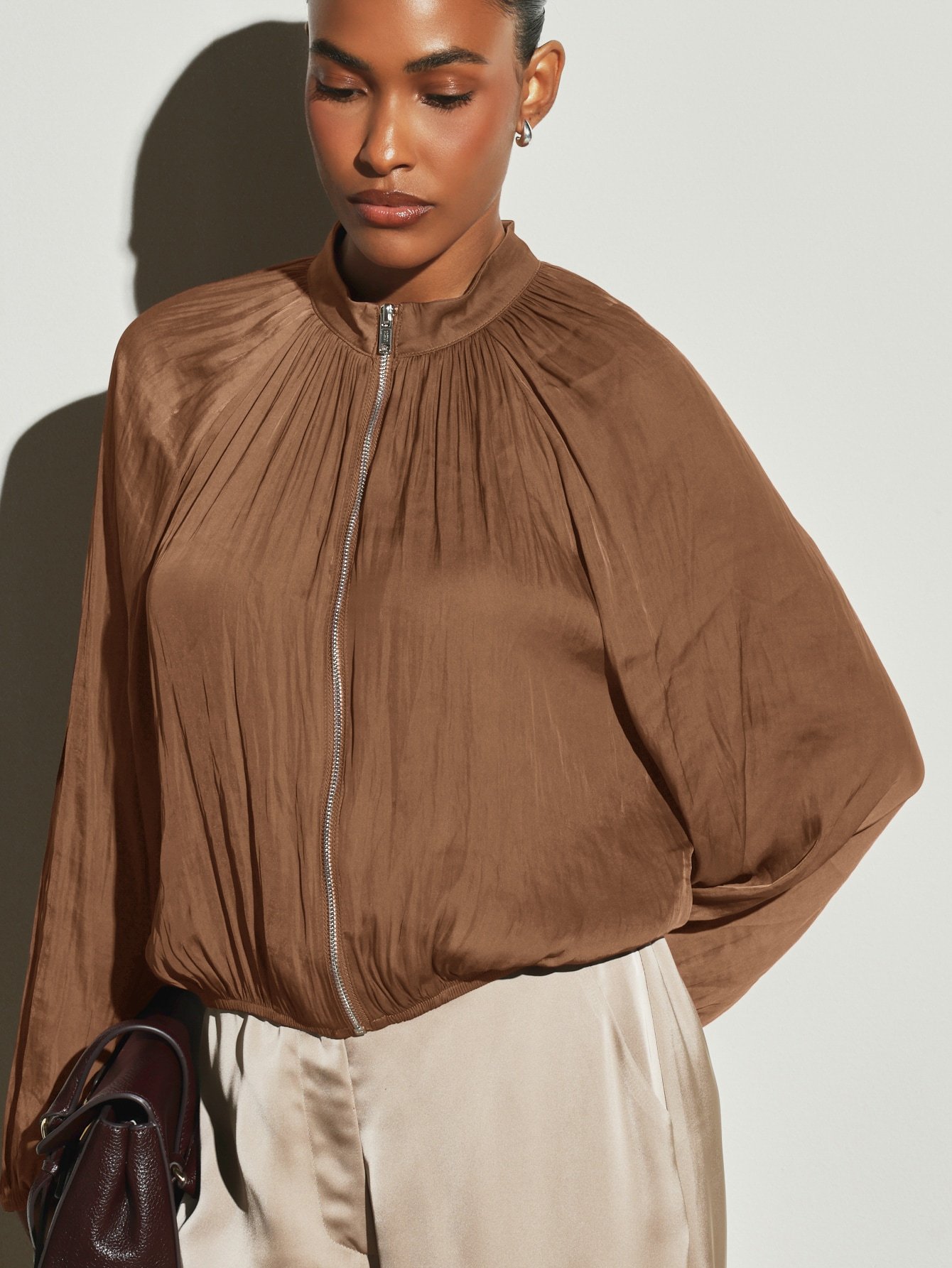 Gathered satin bomber jacket with high neck