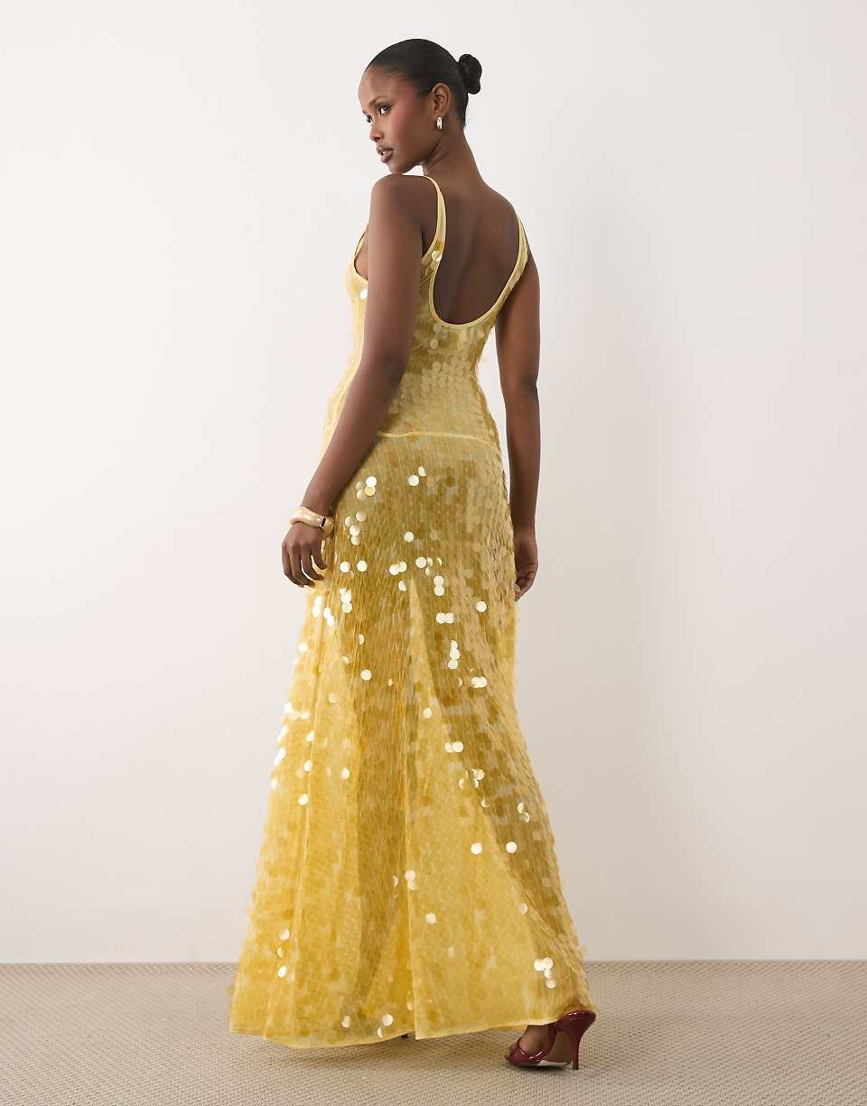 Yellow Sequinned Maxi Dress With Off Shoulder Neckline
