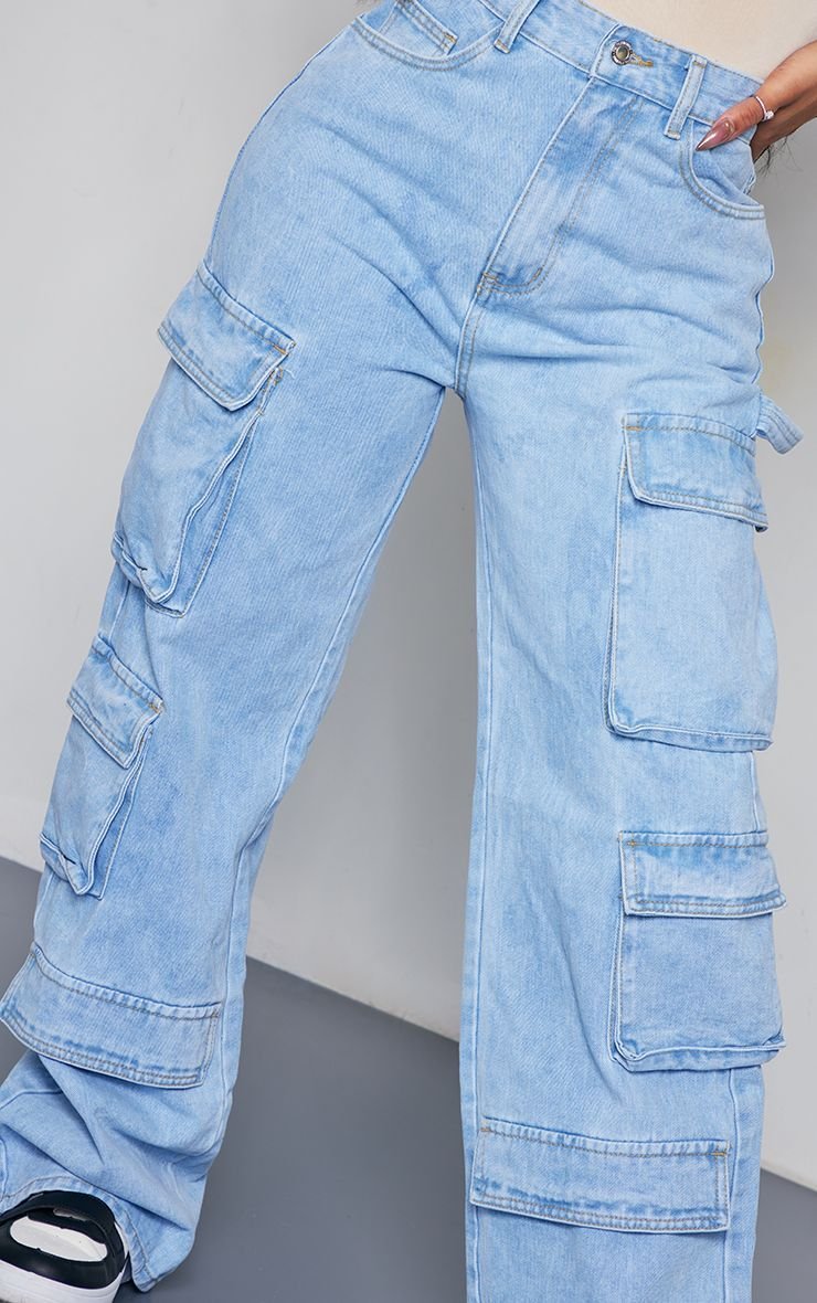 Jean cargo taille haute bleu clair