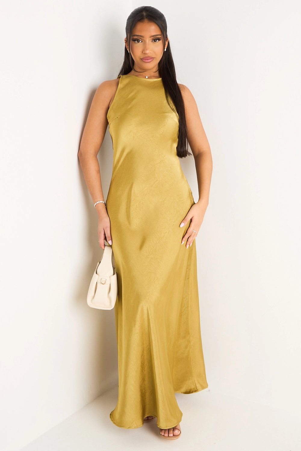 Yellow sleeveless satin maxi dress