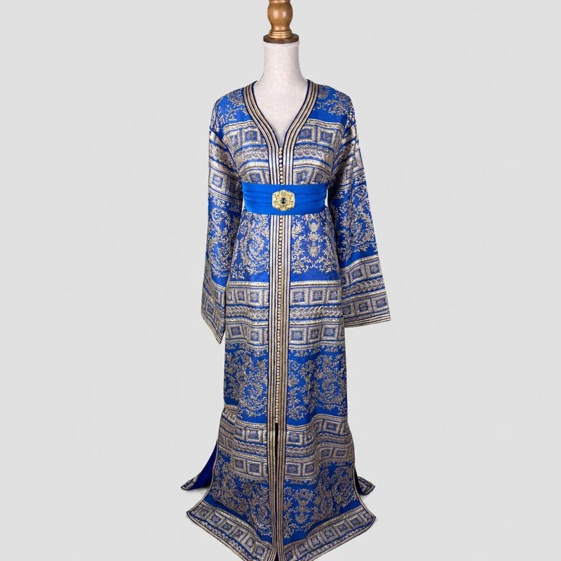 Blue brocade caftan with gold motifs