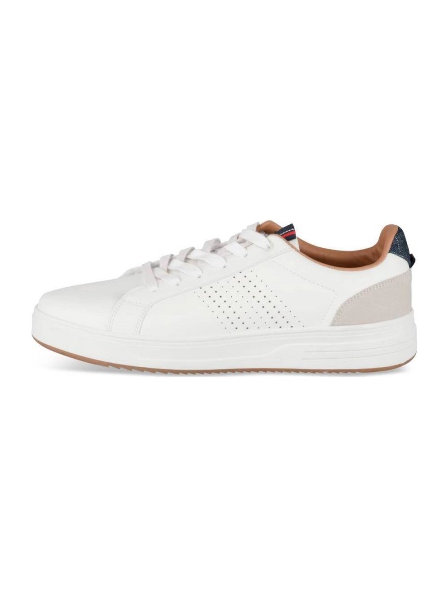 White perforated sneakers with tan heel tab