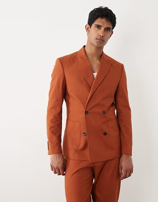 Blazer de costume croisé coupe classique en coton aspect lin - Orange brûlé