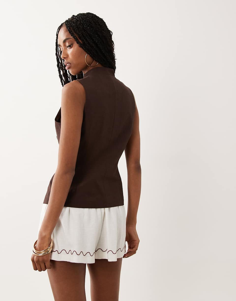 Linen-blend tank top with mandarin collar - Chocolate