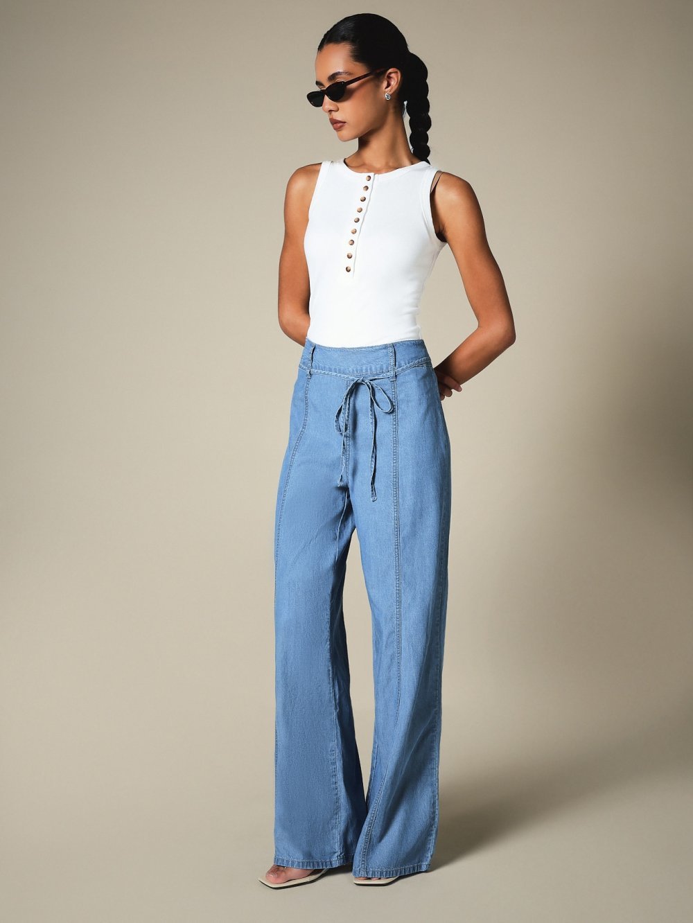 Mid blue high-waisted palazzo jeans with drawstring