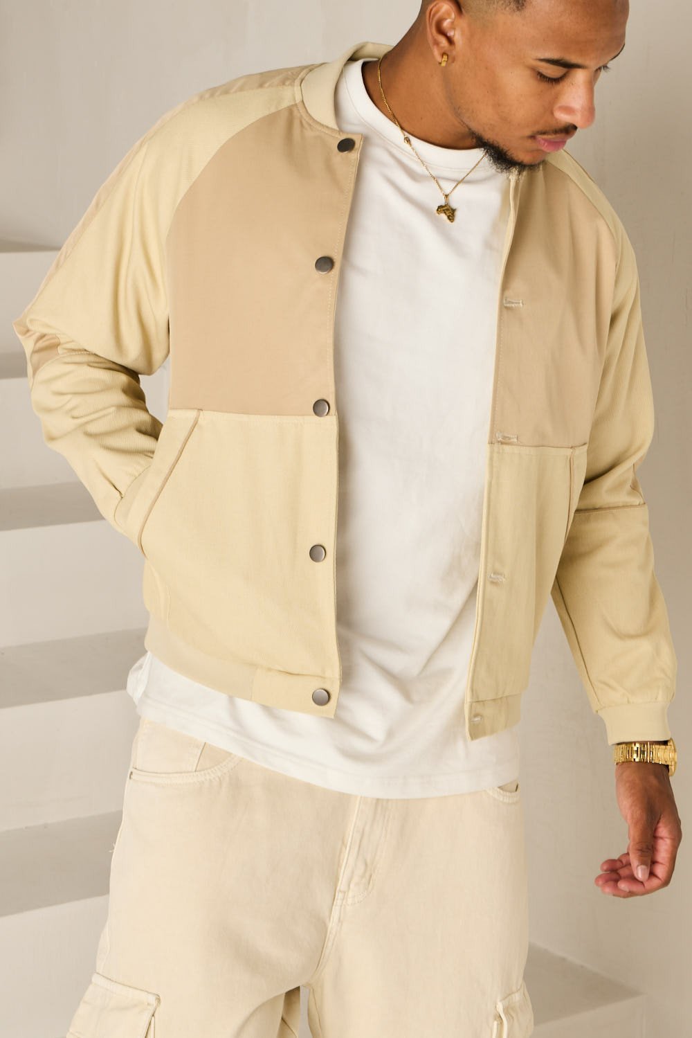 Beige mixed-fabric bomber jacket