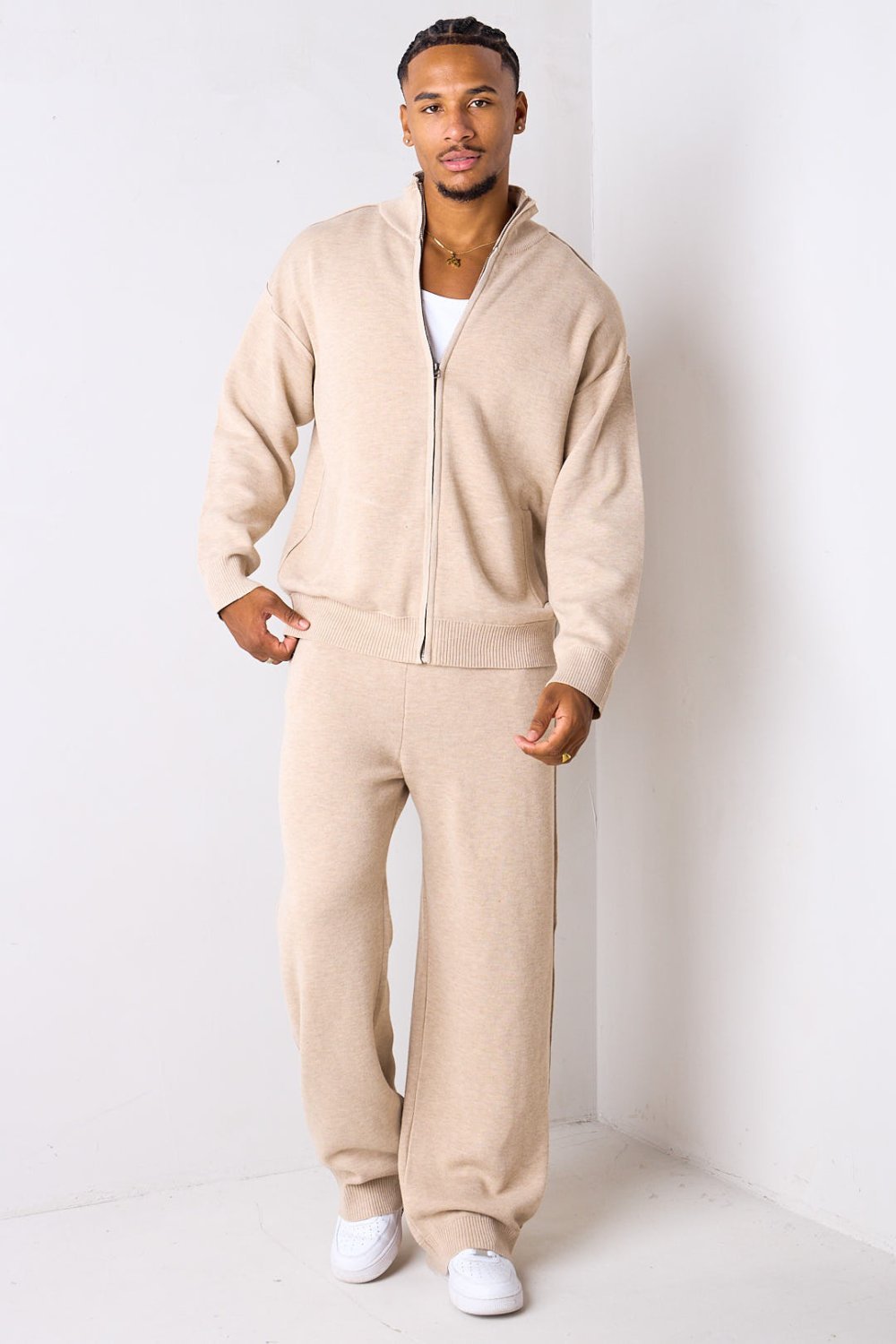 Ensemble gilet zippé et jogging en maille beige