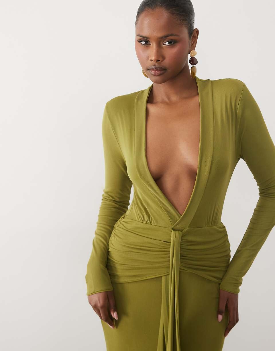 Robe longue drapée devant à décolleté ultra-plongeant - Vert