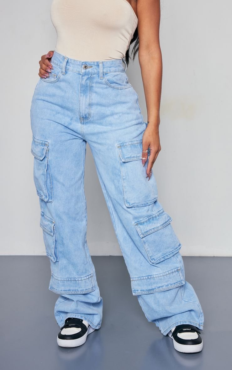 Jean cargo taille haute bleu clair