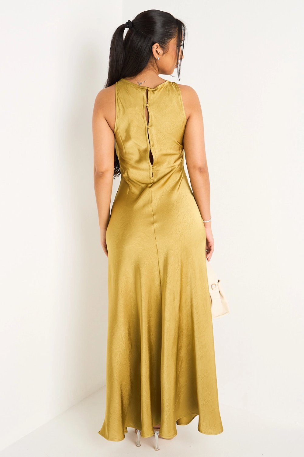 Yellow sleeveless satin maxi dress