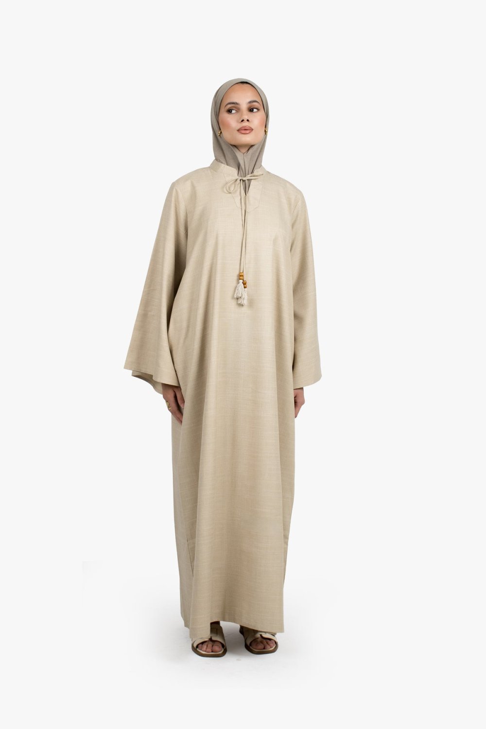 Abaya à pompons perlés - Beige