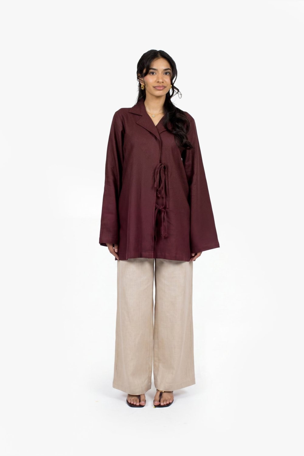 Pantalon large en coton à pli marqué - Beige