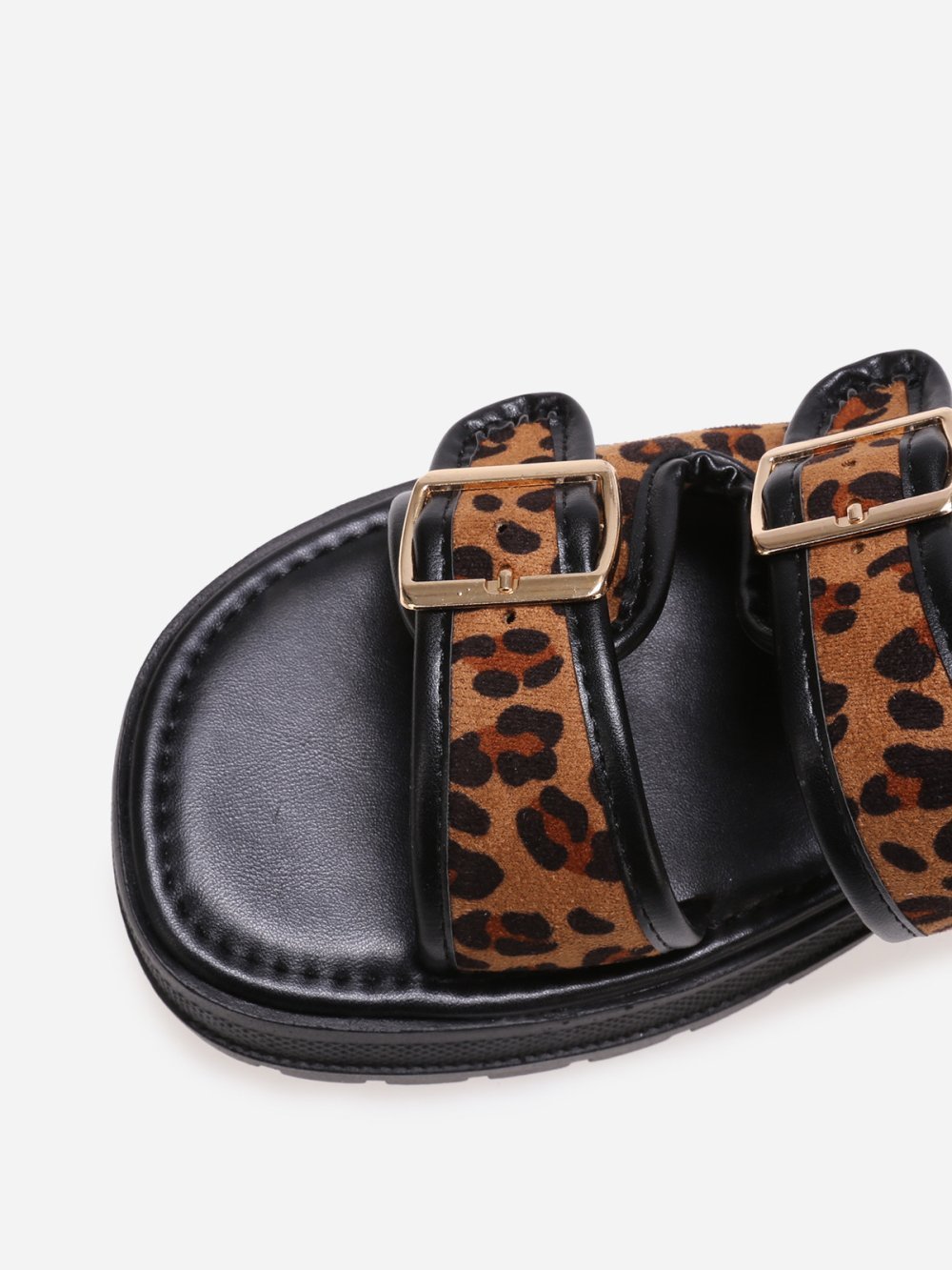 Leopard-strap mules with cleated platform