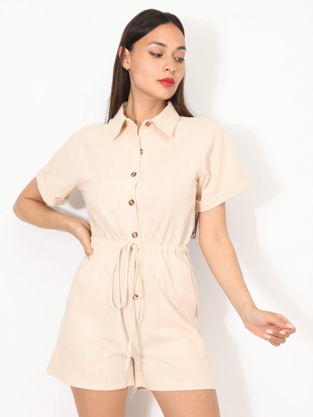 Combi-short ceinturée en coton beige