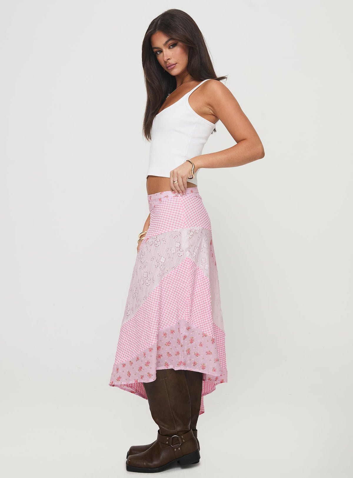 Printed asymmetric maxi skirt with lace