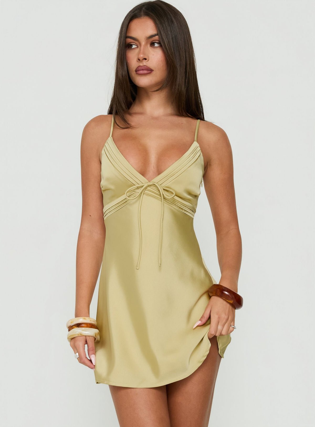 Satin v-neck mini dress with front tie