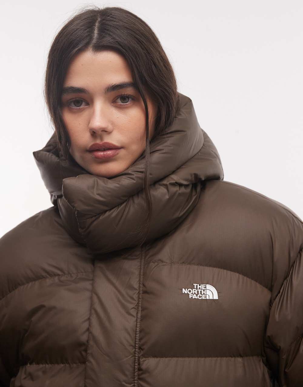Oversized hooded puffer jacket in dark brown