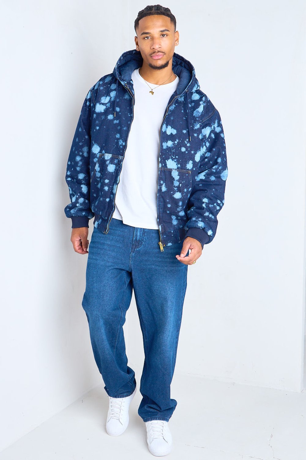 Dark blue splash-effect hooded denim jacket