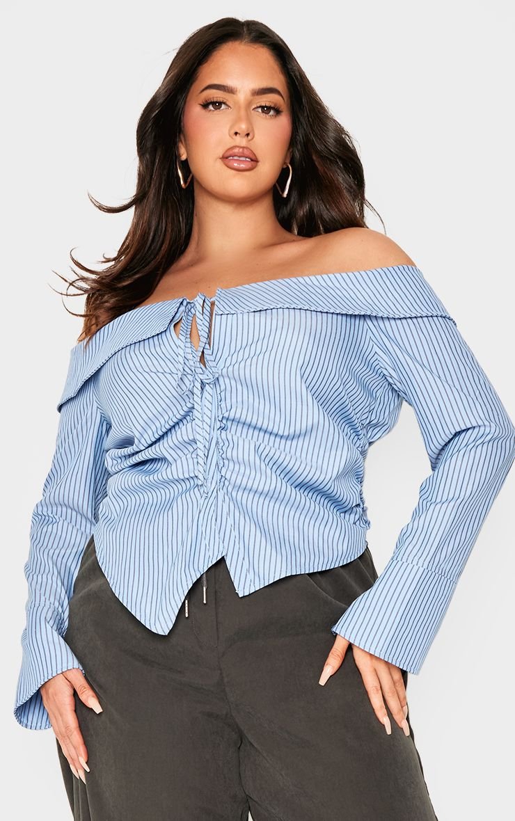 Haut Style Chemise Ajusté À Rayures Col Bardot Plus