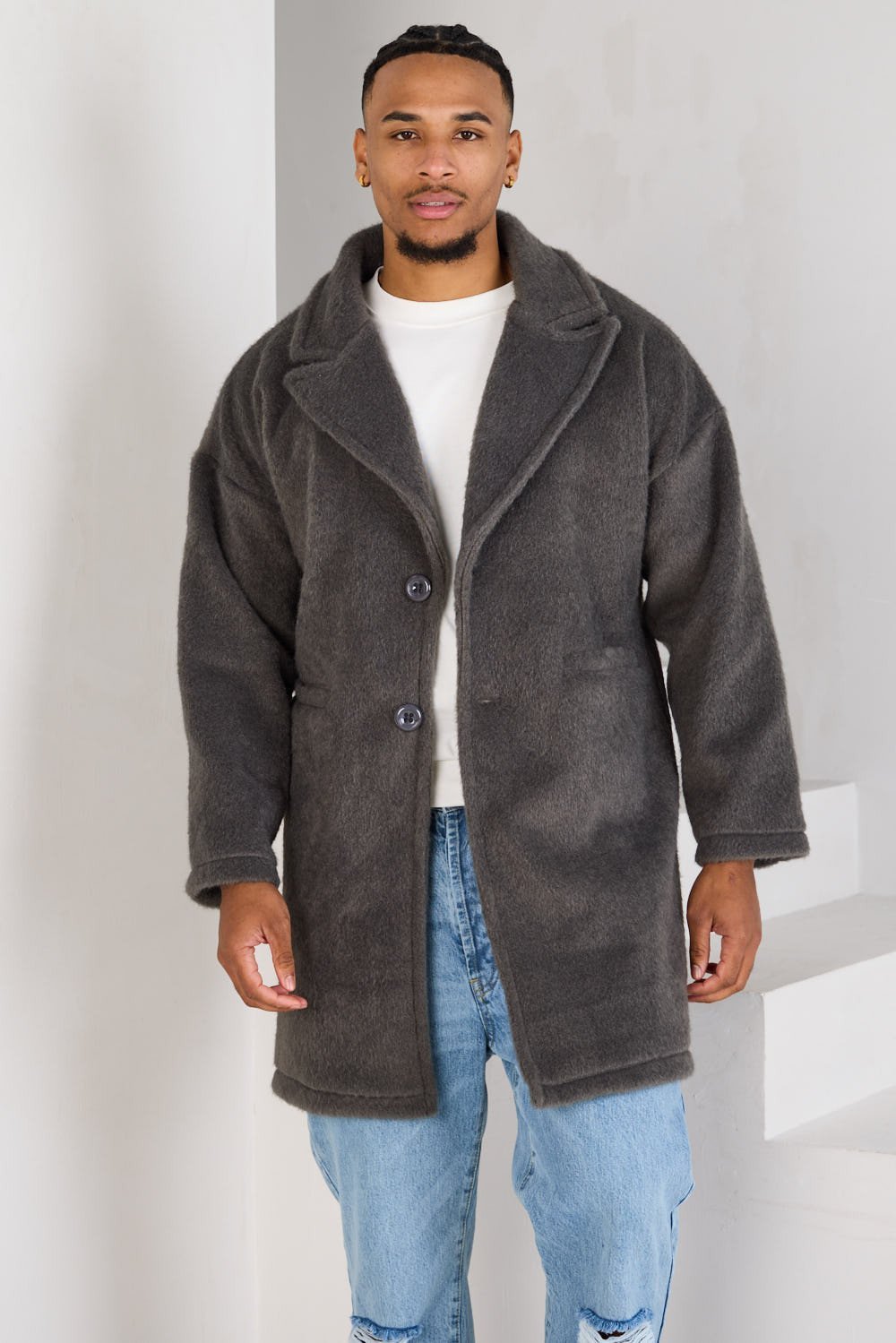 Veste mi-longue texturée grise