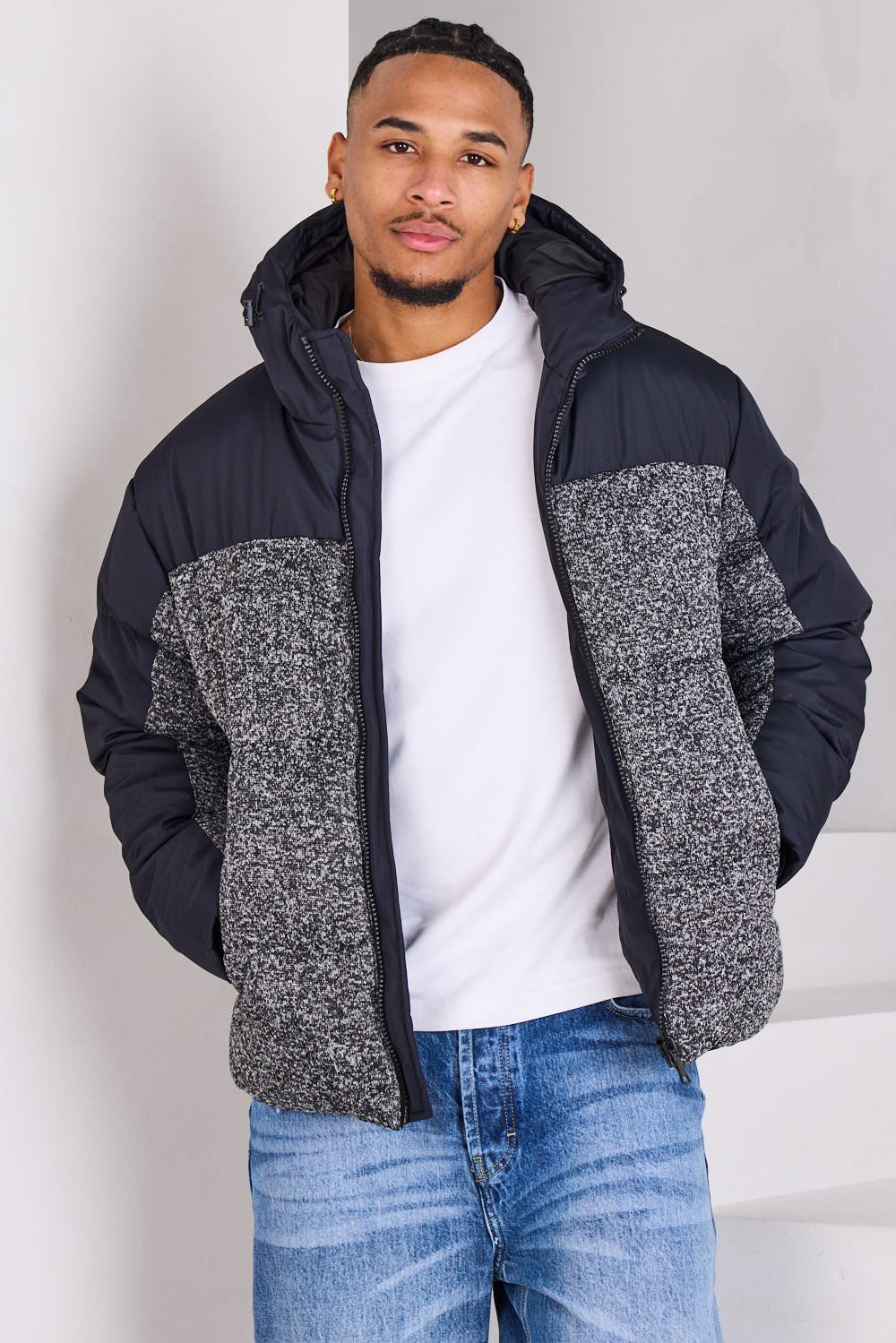 Black hooded puffer with marl panel