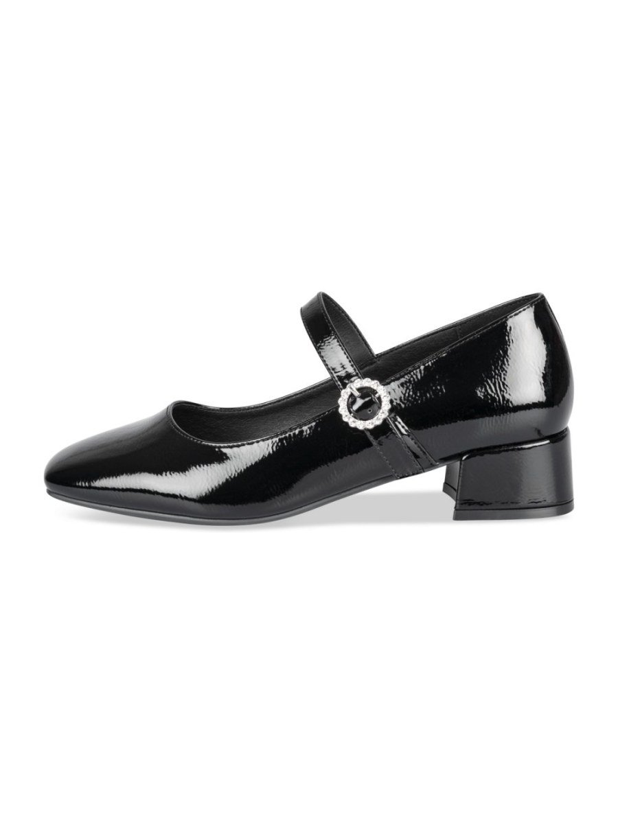 Black patent Mary Janes, rhinestone buckle