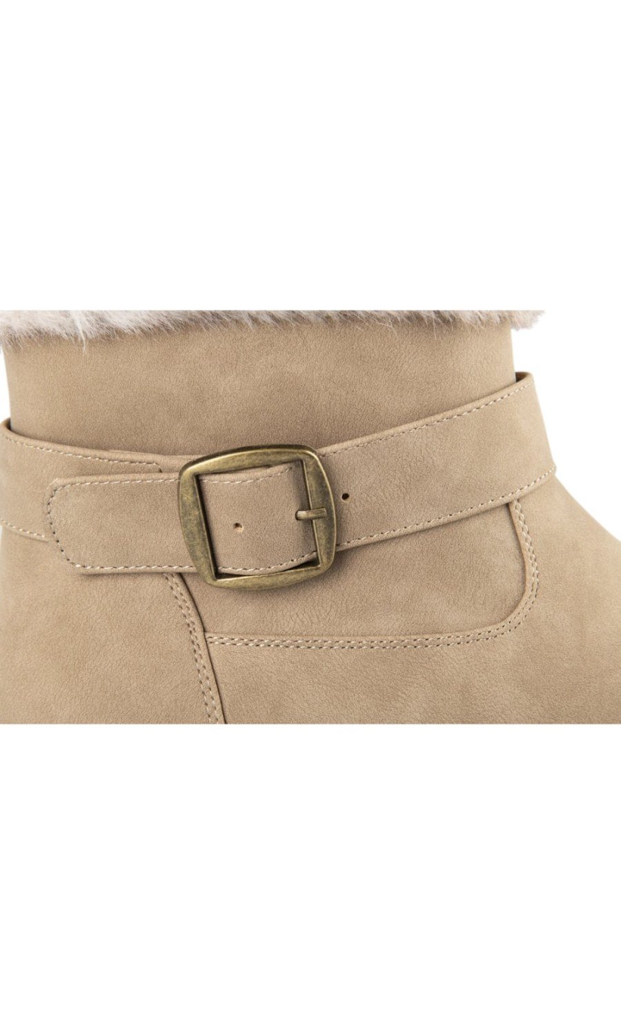Taupe faux fur cuff boots with buckle