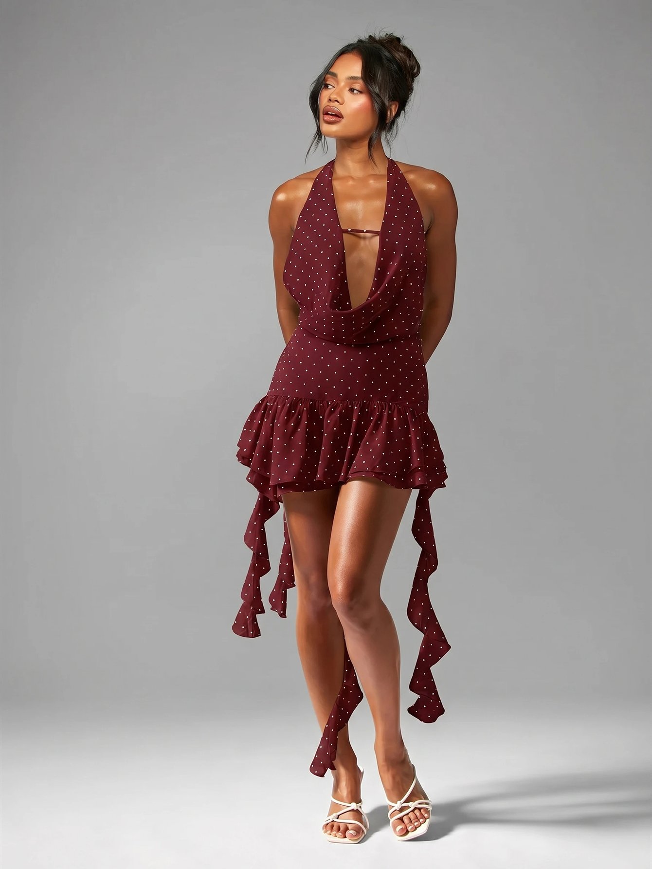 Polka dot backless mini dress with ruffle hem