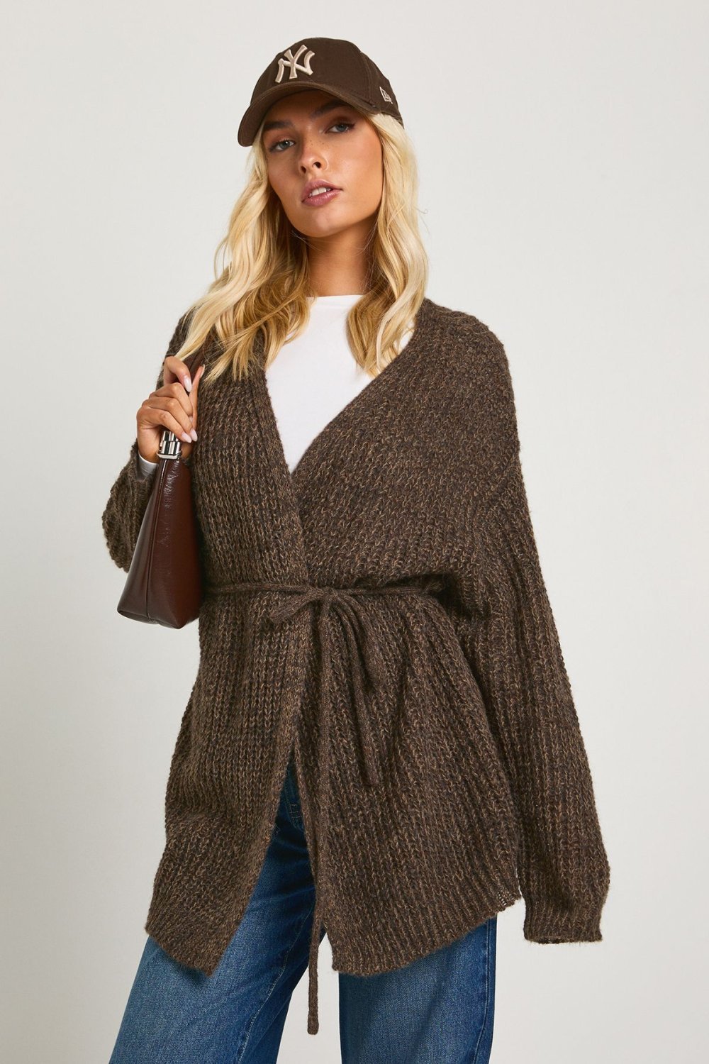 Chocolate tie-waist boyfriend cardigan