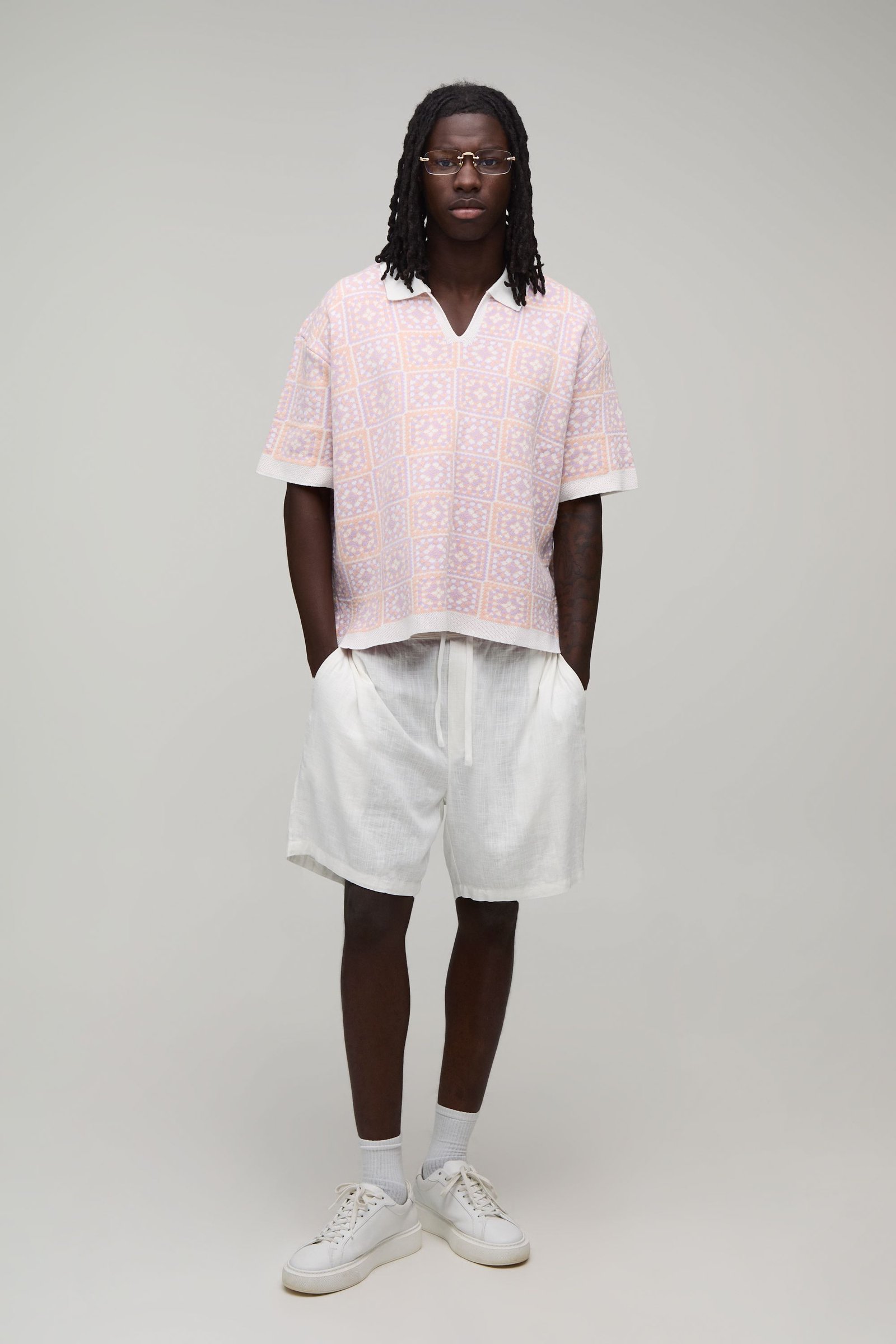 Polo oversize boxy b maille crochet à carreaux