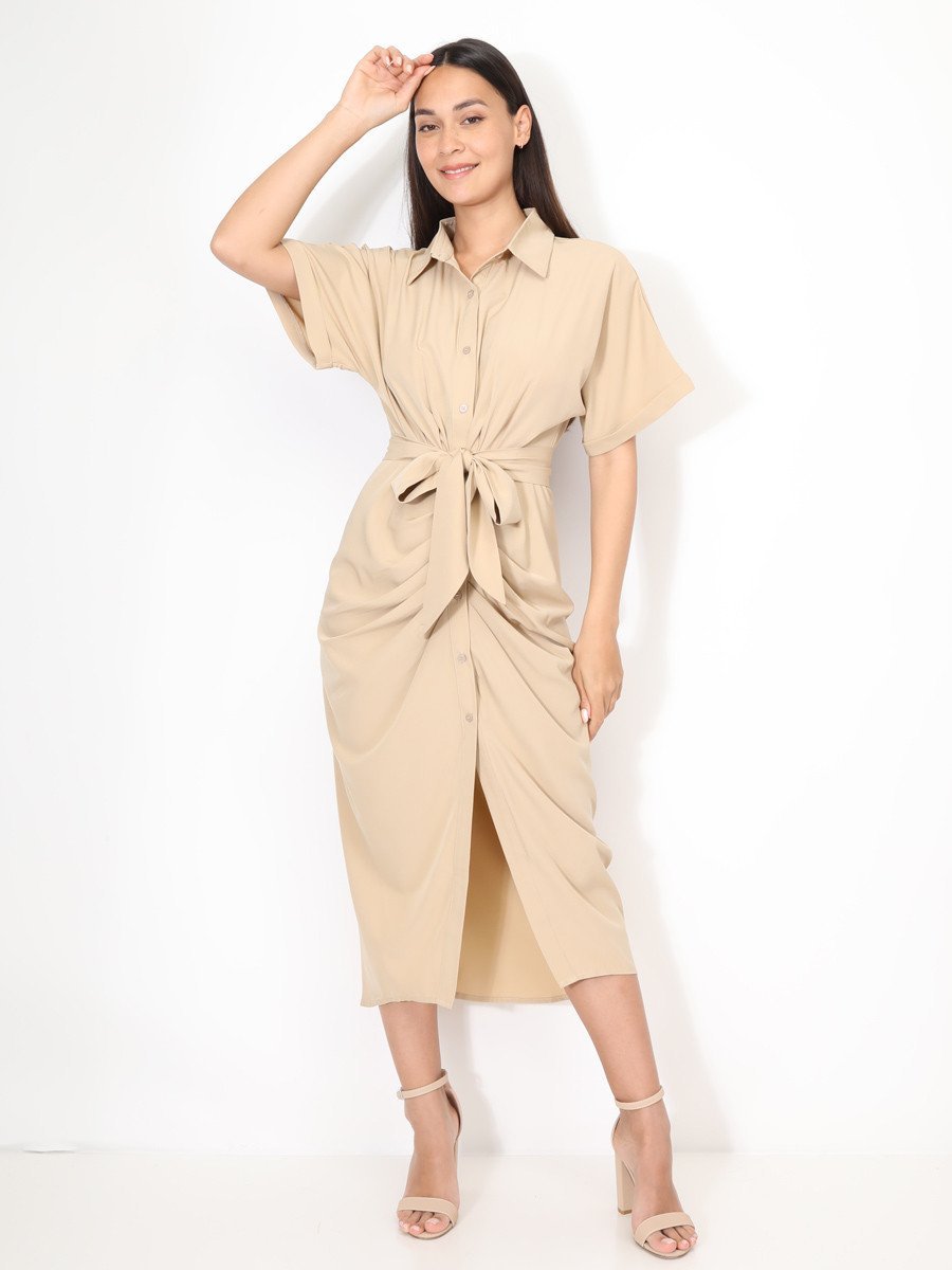 Robe chemise b manches kimono beige
