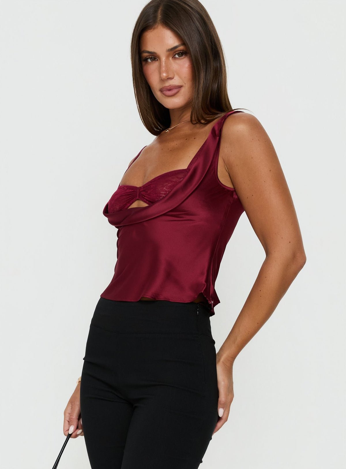 Top satin col bénitier w brassière dentelle